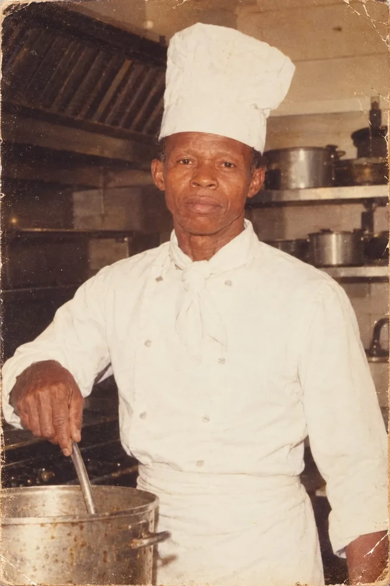 Our grandfather in his chef’s whites and tall toque, stirring a large pot in a hotel kitchen.