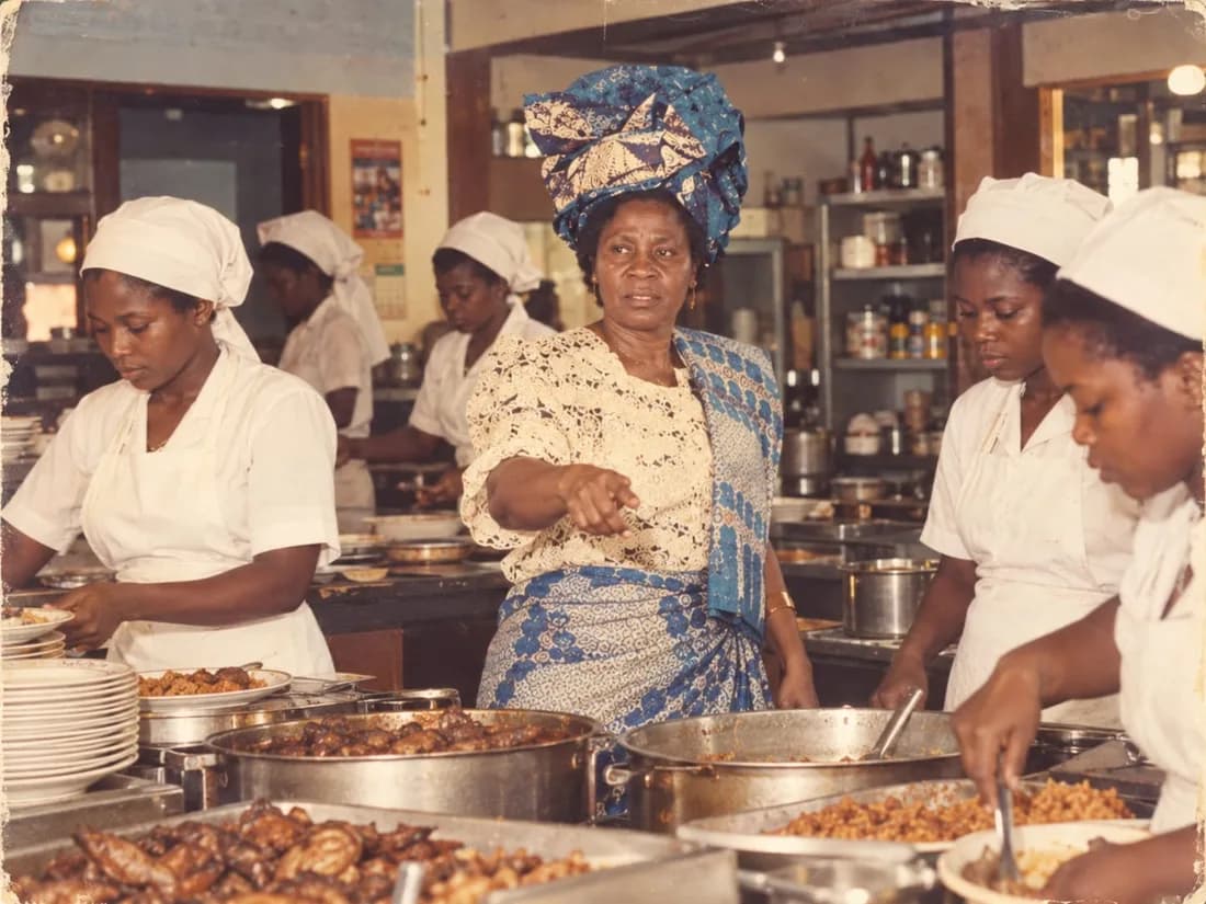 Our grandmother, in a head tie and lace blouse, directing her cooks over trays of food in her restaurant kitchen.