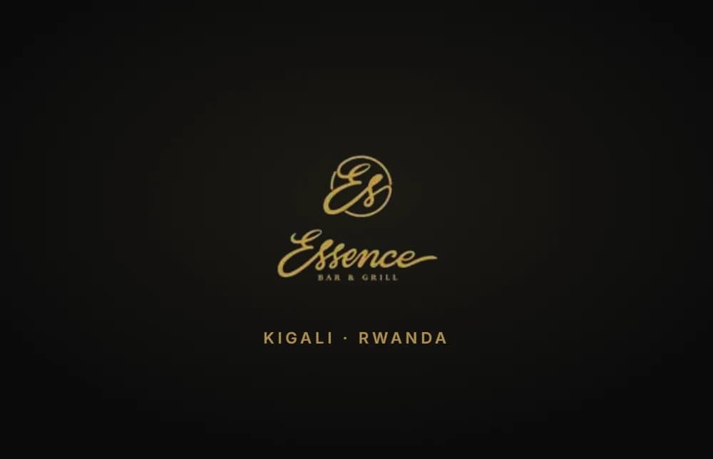 The Essence Bar & Grill logo in gold on black, above the words Kigali, Rwanda