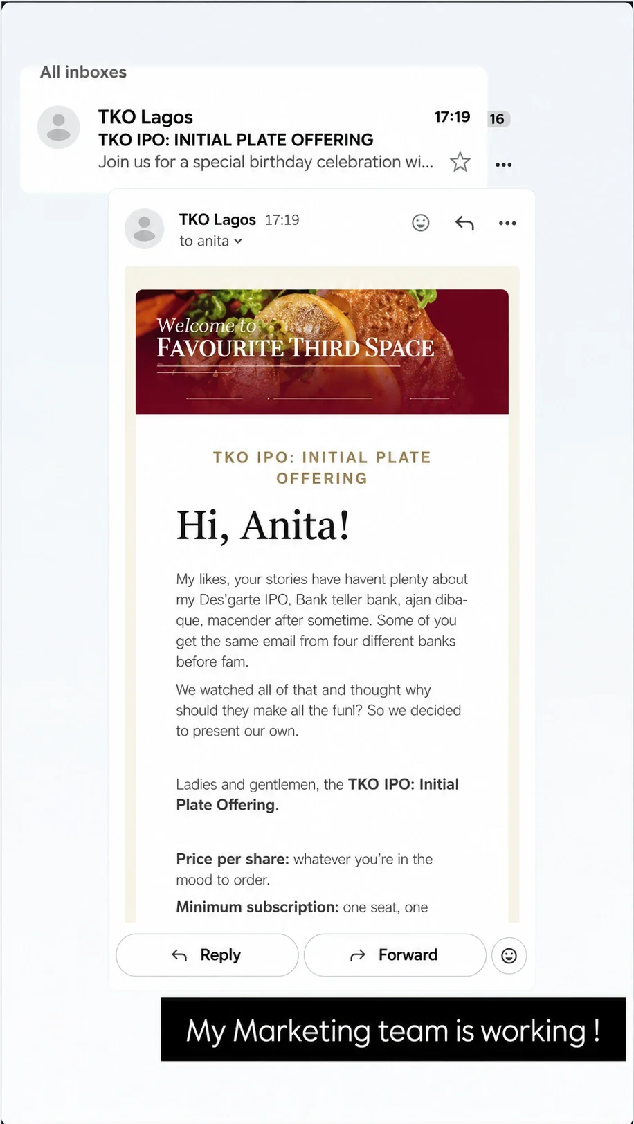 TKO Lagos’s Instagram story: the “TKO IPO: Initial Plate Offering” newsletter, captioned “My marketing team is working!”