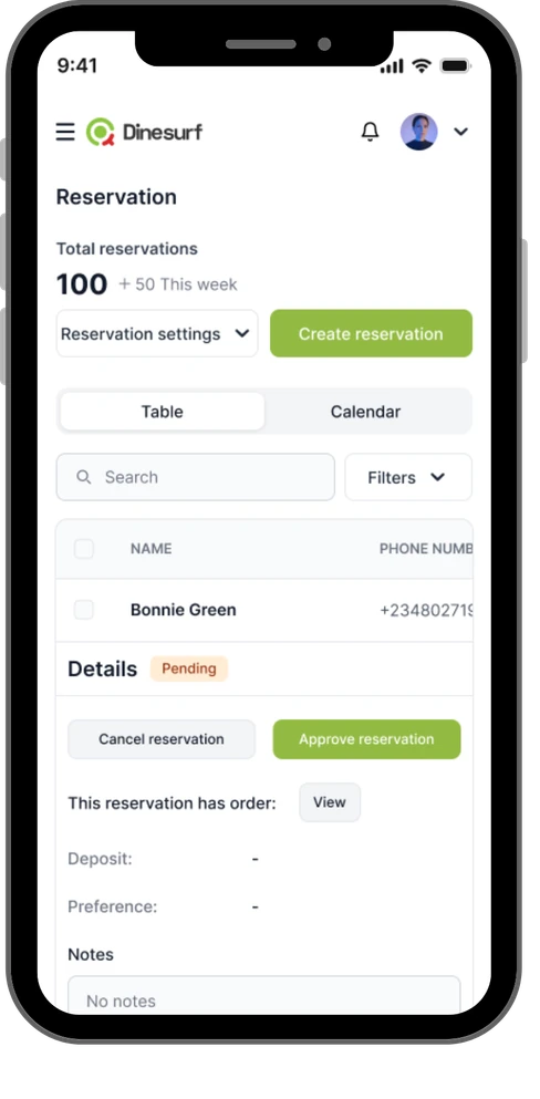 The Dinesurf app on a phone, showing total reservations and a pending booking waiting to be approved.