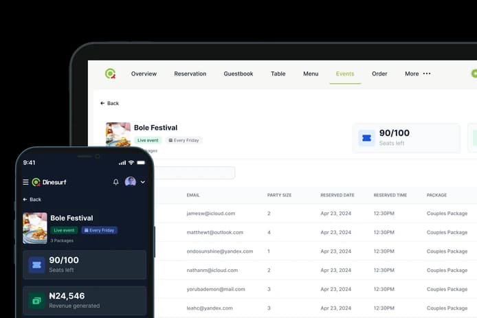 A live event in Dinesurf on a phone and a tablet, showing seats left, revenue so far and the guest list.