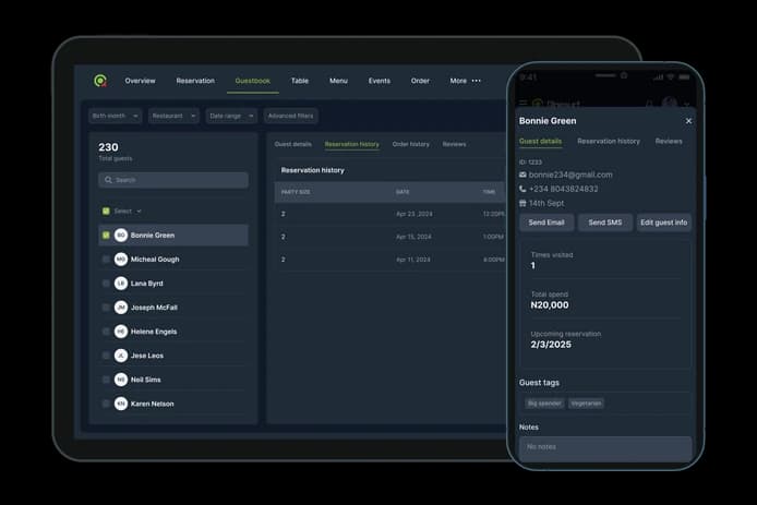 The Dinesurf guestbook on a tablet listing guests, with one guest's visits, spend and tags open on a phone.