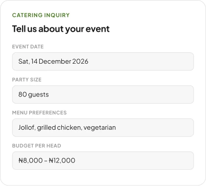 A catering inquiry form headed "Tell us about your event", with fields for event date, party size, menu preferences and budget per head.