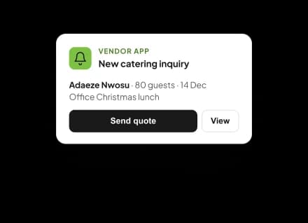 A Vendor App notification card for a new catering inquiry, showing the guest name, party size and date above Send quote and View buttons.