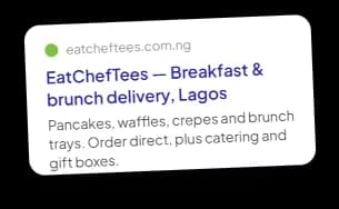 A search result for eatcheftees.com.ng: EatChefTees, breakfast and brunch delivery in Lagos, with pancakes, waffles, crepes and brunch trays, direct ordering, catering and gift boxes.