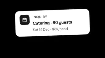 An inquiry card for a catering booking of 80 guests on Saturday 14 December, at ₦8k a head.