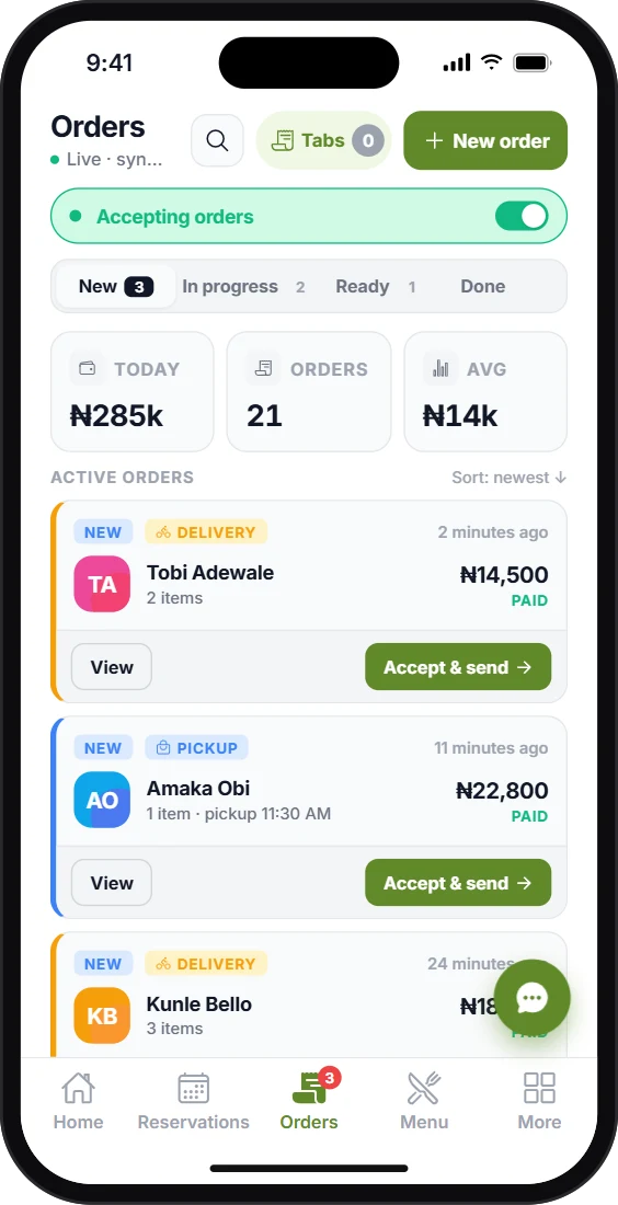 The Dinesurf Vendor App on a phone: the Orders screen, accepting orders, with three new delivery and pickup orders, each paid, with Accept & send buttons.