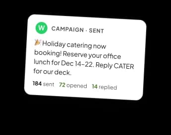 A sent WhatsApp campaign card announcing holiday catering bookings, with counts of messages sent, opened and replied.