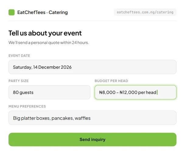 The EatChefTees catering page: a "Tell us about your event" form with event date, party size, budget per head and menu preferences above a Send inquiry button.