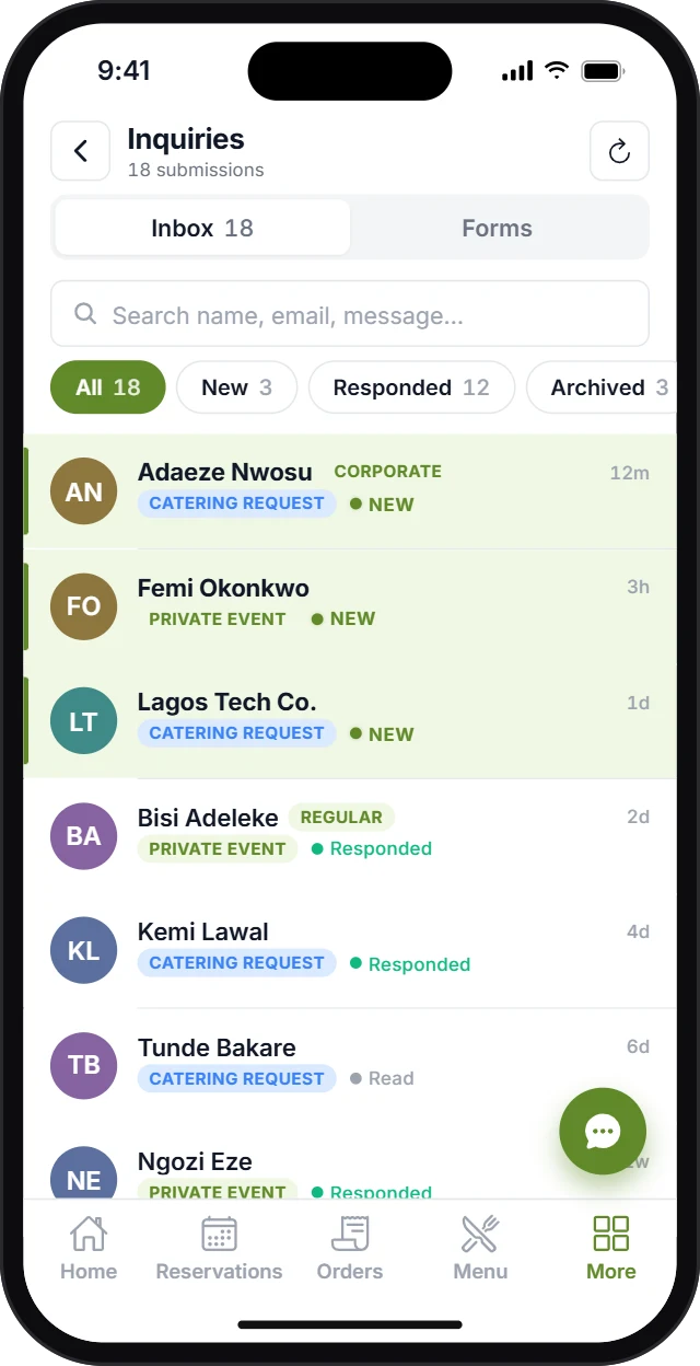 The Dinesurf Vendor App Inquiries inbox on a phone: catering requests and private event inquiries, the three new ones highlighted, others marked responded or read.