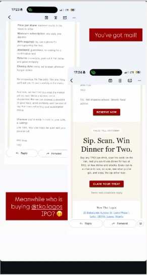 TKO Lagos's Instagram story: its newsletter open on a phone, captioned “You've got mail”