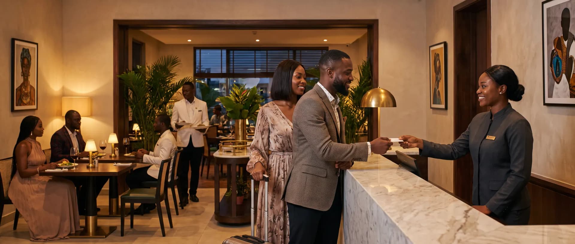 A receptionist welcoming a couple with a suitcase at the front desk of a Lagos boutique hotel, with the hotel restaurant behind them.